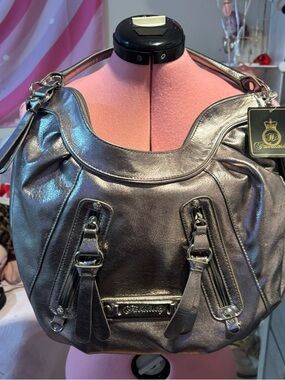 Shimmery Pewter Shoulder Bag with Decorative Hardware